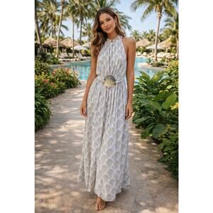 Bohome By Skemo Shell Print maxi Dress Iridescent Shell tie belt size medium